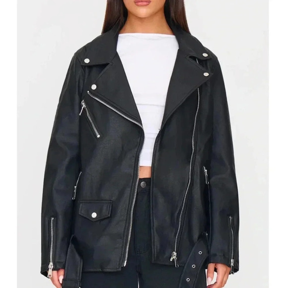 NWT Womens Pretty Little Things Black Faux Leather Oversized Moto Jacket Sz 2 - Picture 2 of 8